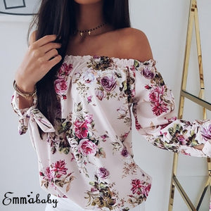 Women Off Shoulder elegant Floral Shirt Casual Blouse Tops Fashion Summer Top Long Sleeve Shirt Harajuku Printed Blusa Feminina