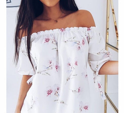 Women Off Shoulder elegant Floral Shirt Casual Blouse Tops Fashion Summer Top Long Sleeve Shirt Harajuku Printed Blusa Feminina