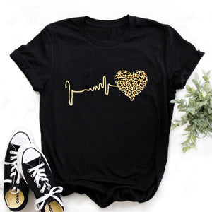 Summer New 90 ’s Leopard Heartbeat Short Sleeve Print Clothing Women's T-Shirt Harajuku Graphic Clothing Women's Top,Drop Ship