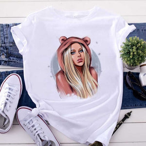 New women's white Tshirt Harajuku Beauty blowing bubbles printed T Shirt vogue pretty girl clothing Leisure female T-shirt Tops