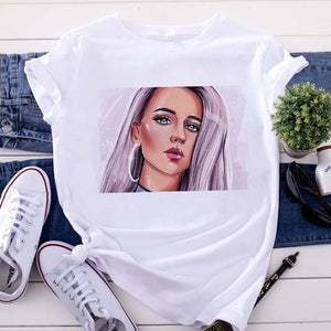 New women's white Tshirt Harajuku Beauty blowing bubbles printed T Shirt vogue pretty girl clothing Leisure female T-shirt Tops