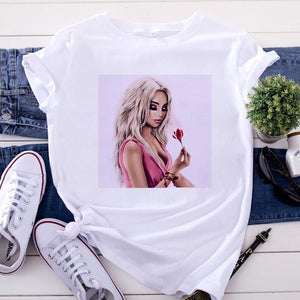 New women's white Tshirt Harajuku Beauty blowing bubbles printed T Shirt vogue pretty girl clothing Leisure female T-shirt Tops