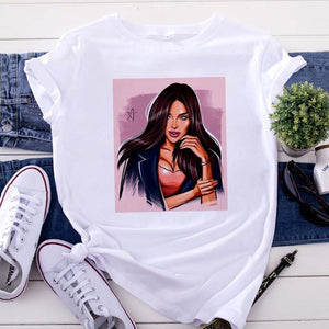 New women's white Tshirt Harajuku Beauty blowing bubbles printed T Shirt vogue pretty girl clothing Leisure female T-shirt Tops