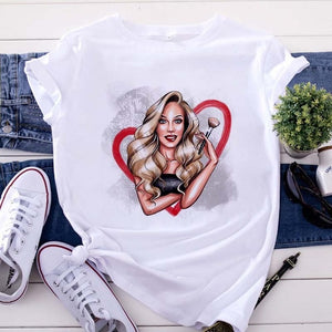 New women's white Tshirt Harajuku Beauty blowing bubbles printed T Shirt vogue pretty girl clothing Leisure female T-shirt Tops