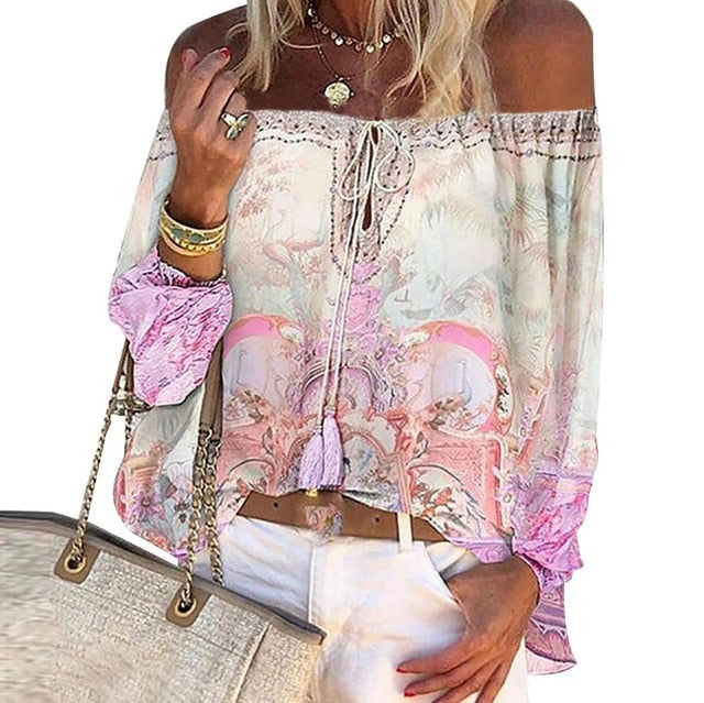 Women Long Sleeve Off Shoulder Floral Print Hollow Out Lace Up Blouse Tops Shirts Female Blouses Sexy Casual Blouse For Women