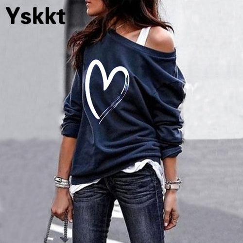 Yskkt Women's Pullover Sweatshirt Heart Printed Long Sleeve One Shoulder Tops Autumn Winter Sweat Shirts Woman Casual Top