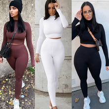 Two Piece Sets Women Solid Autumn Tracksuits High Waist Stretchy Sportswear Hot Crop Tops And Leggings Matching Outfits