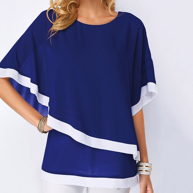 Plus Size Blouses For Women 5XL Patchwork Double Layer Tops Casual Batwing Tunic 2021 Autumn Large Size Chiffon Shirts