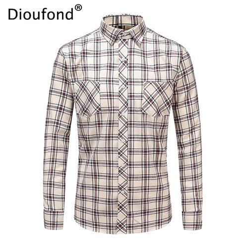 Dioufond Mens Pocket Flannel Plaid Cotton Shirt Long Sleeve Checkered Casual Slim Fit Black Warm Autumn Winter Shirts New